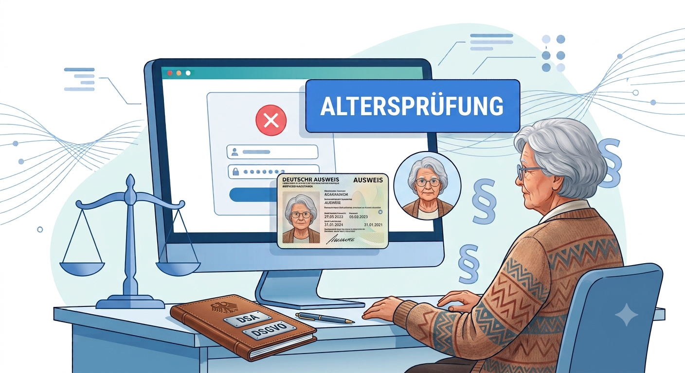 Ältere Frau am Computer vor einer gesperrten Anmeldemaske mit rotem Fehlersymbol und dem Hinweis „Altersprüfung“, daneben ein hochgeladener Ausweis und ein Selfie sowie ein Buch mit der Aufschrift DSA und DSGVO