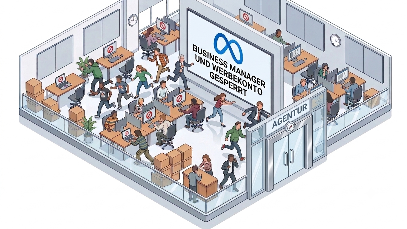 Isometrische Illustration eines Agenturbüros: Auf allen Monitoren leuchtet ein rotes Sperrsymbol, die Mitarbeitenden laufen aufgeschreckt durcheinander, an der Wand steht unter dem Meta-Logo „Business Manager und Werbekonto gesperrt“
