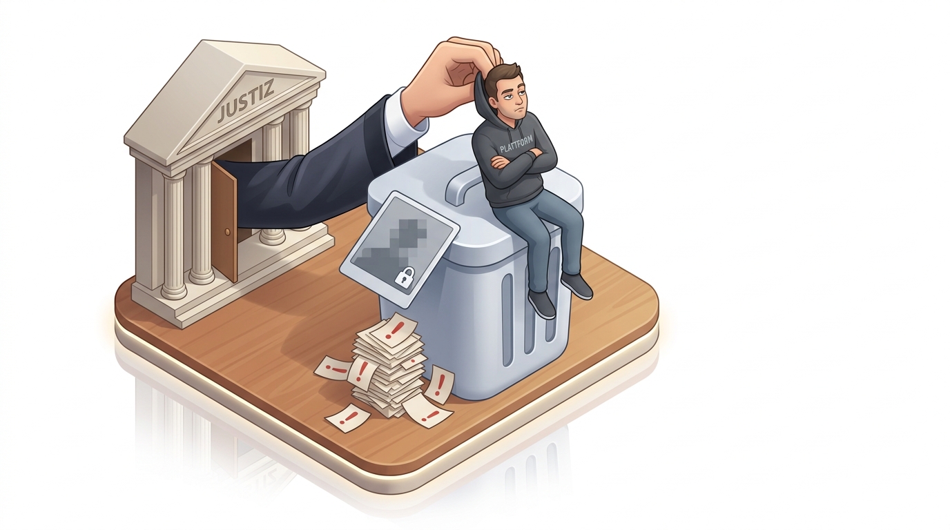 Isometrische Illustration: Ein Mann im Kapuzenpullover mit der Aufschrift „Plattform“ sitzt mit verschränkten Armen auf dem geschlossenen Deckel einer Löschen-Tonne, an der eine verpixelte Fotokarte lehnt — aus einem Gerichtsgebäude greift eine Hand im Talar heraus und zieht ihn herunter, daneben stapeln sich unbearbeitete Meldungen