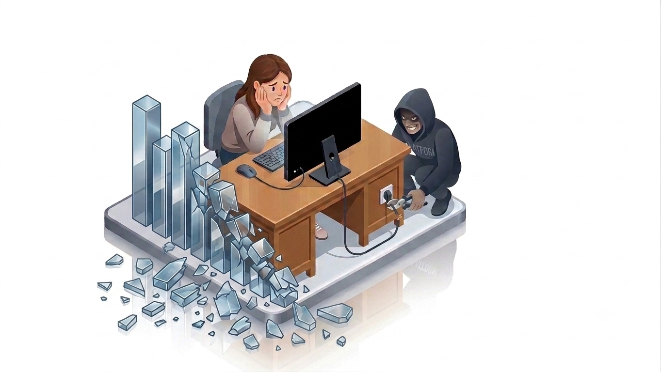 Isometrische Illustration: Eine Frau sitzt entmutigt am Schreibtisch vor ihrem Rechner, während ihr Balkendiagramm mit der Reichweite in Glasscherben zerbricht und eine vermummte Gestalt im Kapuzenpullover mit der Aufschrift „Platform“ hinter dem Tisch den Stecker zieht
